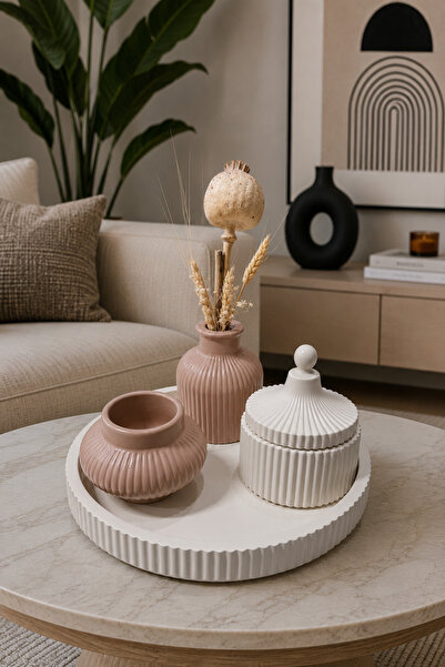 Zigzag Home Set de vaze decorative în stil boem, 4 piese, tavă cu dungi, cuti...