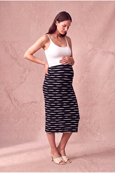WESTMARK LONDON Maternity Black/Ecru Striped Viscose Blend High Waist Pants I...