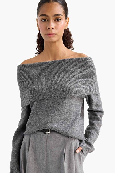 DeFacto Regular Fit Open Shoulder Knitwear Anthracite Sweater E1799Ax25Wn