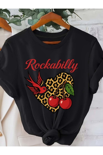 45 BPM Rockabilly Graphic Print T-shirt, Short Sleeve Crew Neck Casual Top fo...