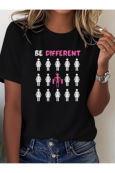 KYMC07 Women's BE DIFFERENT Letter Print T-Shirt Short Sleeve Crew Neck Blous...