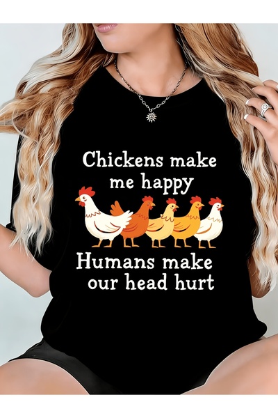 799 تي شيرت نسائي بطبعة Chickens Me Happy Humans Make Our Head Hurt، مريح برق...
