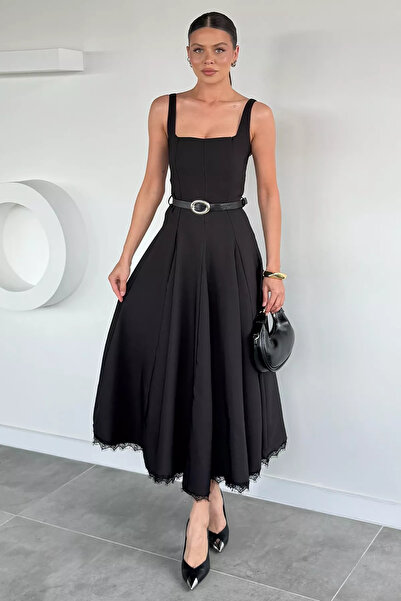 Aryena Black Women's Dress with Thick Strap Belt Accessory