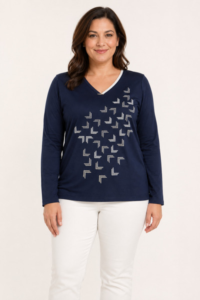bihan store V-Neck Geometric Patterned Long Sleeve Women's Combed Cotton Blou...