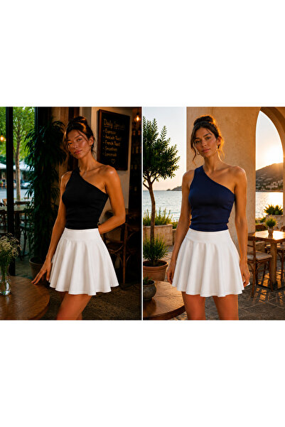 Feyece 2-Piece Black Navy Blue One-Shoulder Detailed Camisole Blouse Crop