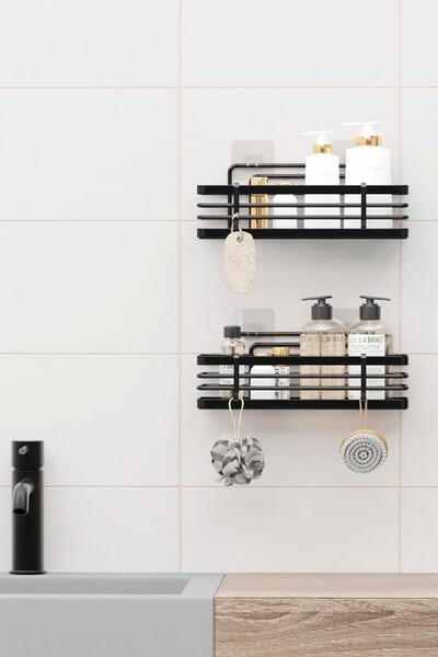 zabata Adhesive Bathroom Shelf with Laminated Surface, Shower Shampoo Holder, Wall Organizer, Set of 2 Shower Shelf Organizers