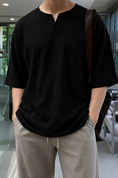 Tarz Cool Men's Black Oversize 100% Linen V-Neck Short Sleeve T-Shirt – Comfo...
