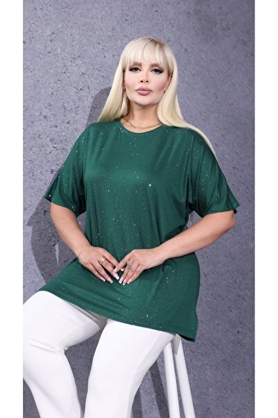 Mandolin Kadın Büyük Beden Serpme Taşlı Dökümlü T-Shirt