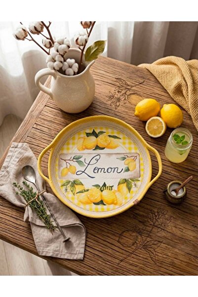 AN7 30x30 cm El Yapımı Kordon İp Yuvarlak Dekoratif Tepsi – Limon Desenli Kul...