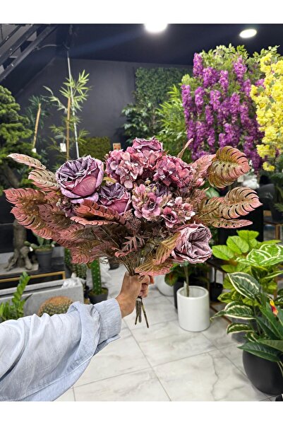 NC Home Design Yapay Yanık Gül Pembe Devetabanı Aranjmanı ile Buket 4 Çoklu Dal