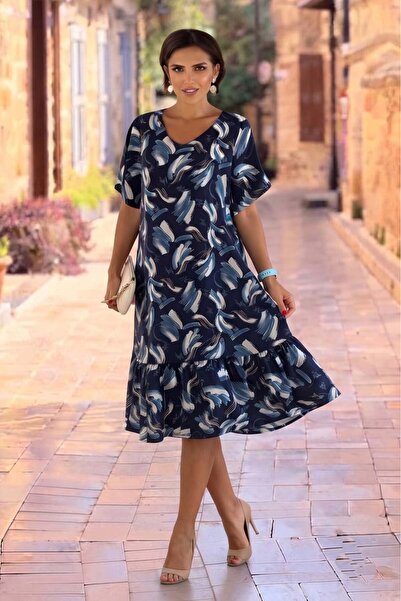 Nevin Kaya Moda V14-Navy Blue Brush Patterned Skirts Ruffle Dress