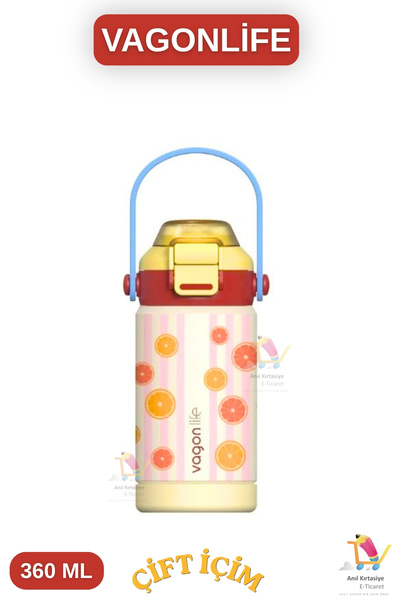 Vagonlife 360 ml Children's Thermos Bottle with Double Drinking Straw / Witho...