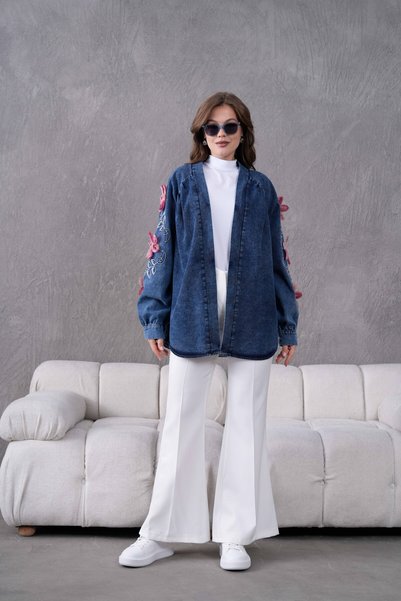 Moda Neval Women's Tulle Floral Embroidered Denim Kimono Jacket
