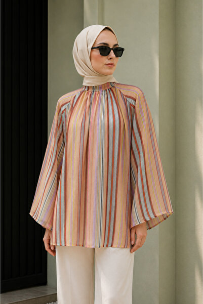 bellura Hakim Yaka Çizgili Astarlı Oversize Vual Tunik