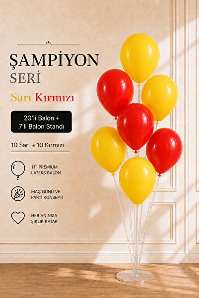 Marlon Balon Champion Series Yellow Red 20 Balloons + 70 cm 7 Balloon Stand S...