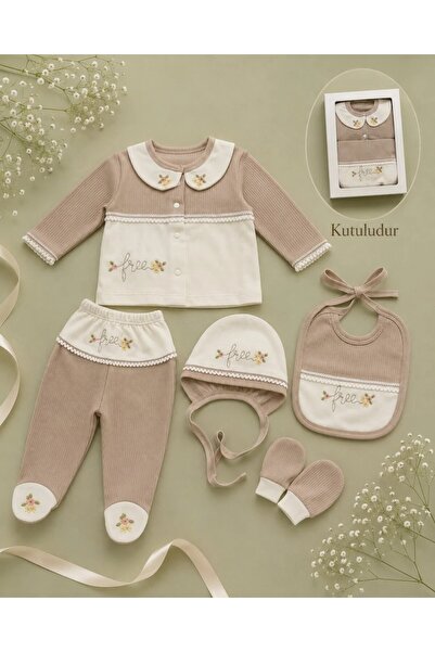 Tuğra Bebe Baby Girl Floral Embroidered Corded 100% Cotton 5-Piece Hospital-I...