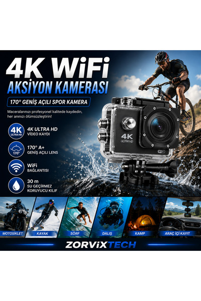 ZorvixTech 4K WiFi Aksiyon Kamerası 170° Geniş Açılı Spor Kamera Kask Montaj ...