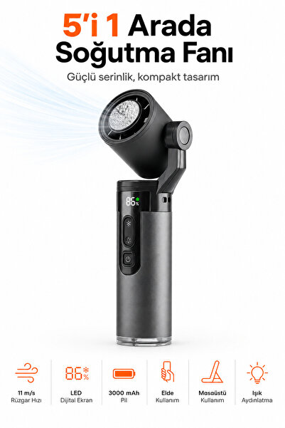 Ayers Premium5’i 1 Arada Klimalı Gimbal Fan Taşınabilir Mini Vantilatör, 11 m...