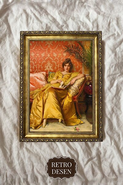 Retro Desen Sarı Elbiseli Kadın Portresi Vintage Sanat Tablosu (00252)