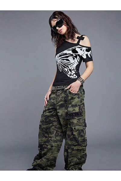 claine Siyah Kelebek Kanatlı Askılı Grunge Y2K Kısa Kollu Crop