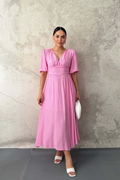 Elbee Fashion Woman فستان وردي منقط مزين بالترتر