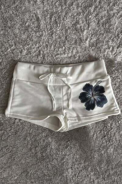 Karakedi White Navy Blue Hibiscus Flower Drawstring Y2K Mini Shorts
