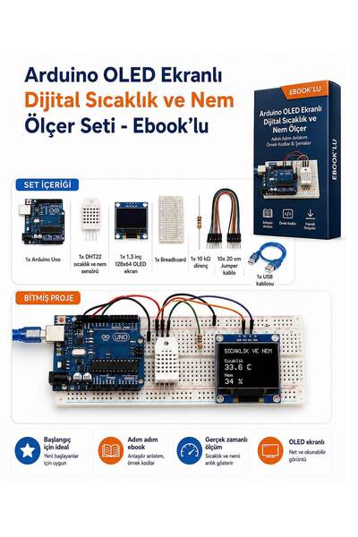 RobotikDepo Arduino OLED Ekranlı Dijital Sıcaklık ve Nem Ölçer Seti - Ebook’lu