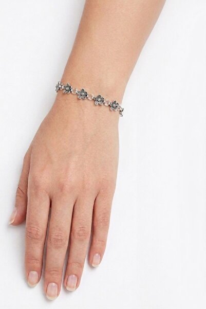 Söğütlü Silver 925 Ayar Gümüş Bohem Tarz Sıralı Çiçek Bileklik Oksitli Otanti...