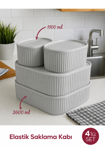 4'lü Gıda Saklama Kabı Seti 2x2600 ml + 2x1100 ml Kapaklı Gri