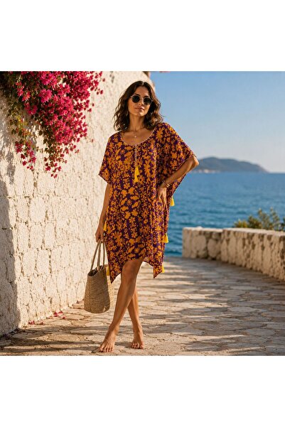 BIJUTERI Par-13041 Purple Floral Patterned Laser Beach Dress & Pareo |   Eos ...