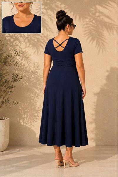 FOR ESRA BIG TREND Women's Plus Size Back Cross Detail U-Neck Short Sleeve Fl...