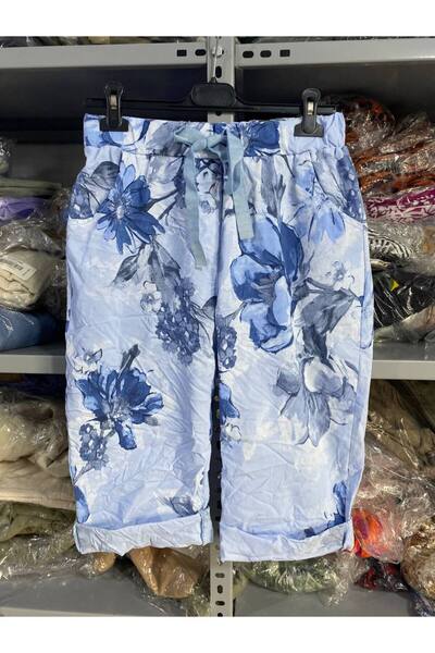 AYASOFYA OTANTIK Women's Italian Elastic Waist Floral Patterned Capri Bermuda