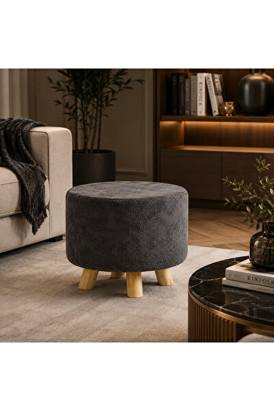 N.zone Modern Round Pouf Upholstered in Luxurious Fabric with Sturdy Wooden L...
