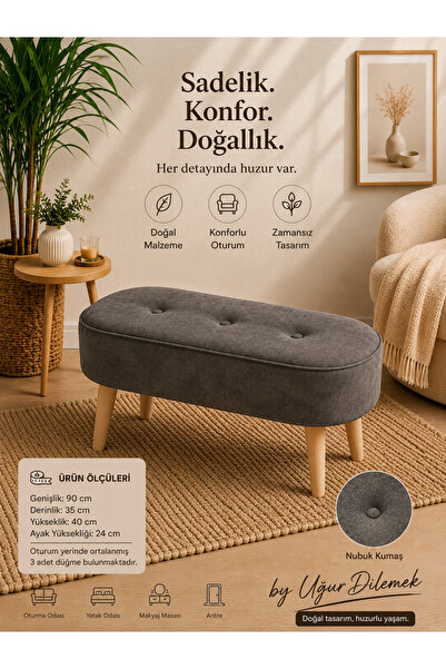 arge demo Retro Doğal Renk Ahşap Ayaklı Geniş Oturum Alanlı Oval Bench Puf An...