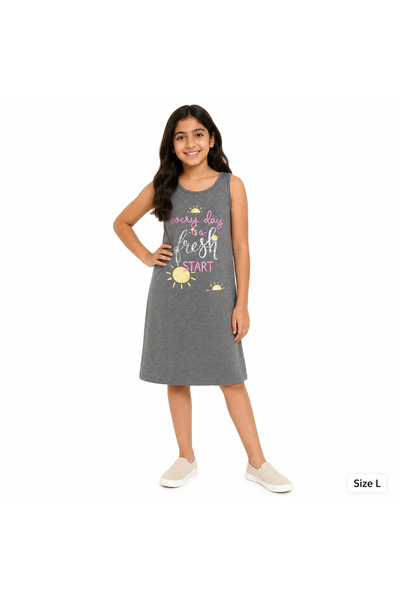 Generic Girls' Sleeveless Gray Dress with Colorful Sun Print Size L
