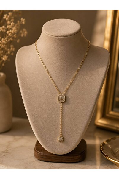 ArzaCollection Paslanmaz Çelik Gold Ataç Zincirli Geometrik Baget Zirkon Taşl...