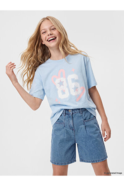 LC Waikiki Lcw Kids Blue Loose Fit Crew Neck Printed Girls' T-Shirt
