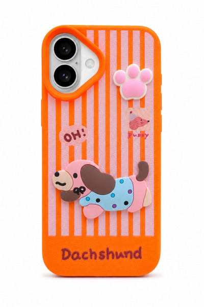 QUSCHU iPhone 16 Plus Compatible 3D Dachshund Dog Figured Striped Silicone Phone Case