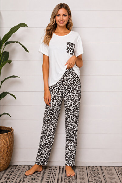 MORKUTU Kadın Leopar Detaylı Rahat Kalıp Pijama Takımı - Beyaz / Leopar