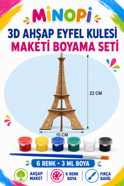 Minopi 3D Ahşap Eyfel Kulesi Maketi Boyama Etkinlik Aktivite Seti 6 Renk Boya...