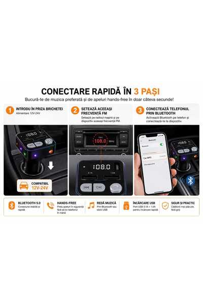 ANY SHOP MARKET Modulator FM Bluetooth C59 Auto, MP3 Player, Hands-Free, Încărcare USB Dual 3.1A + 1A, Redare prin Bluetooth/USB/TF Card, Display LED, Telecomandă, 12V-24V, Negru