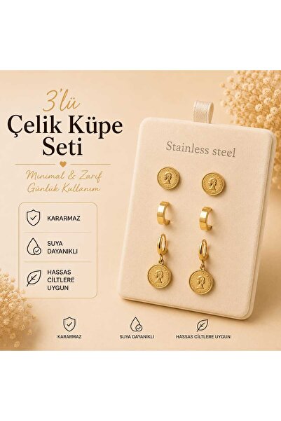 Oshiaz 316L Paslanmaz Çelik 3'lü Kombin Küpe Seti – Madalyon, Halka ve Minima...