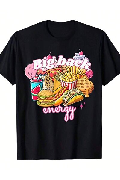 799 Men's Funny Graphic T-Shirt Big Back Energy Retro Fast Food Design Black ...