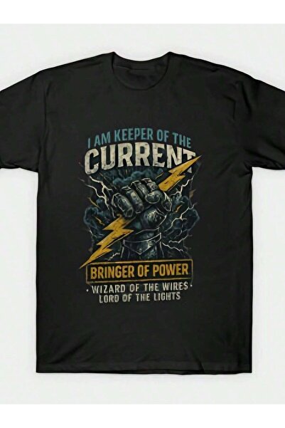 23ERVA تي شيرت أسود بتصميم جريء يحمل عبارة "I AM KEEPER OF THE CURRENT" مع رس...
