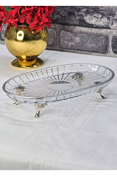 SEÇKİNEV ELEGANT CAM OVAL, DÖKÜM METAL 4 AYAKLI SUNUM TABAĞI ALTIN/GÜMÜŞ/ESKİTME