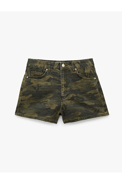 Koton Cotton Comfortable Fit Pocketed Buttoned Camouflage Patterned Mini Shorts