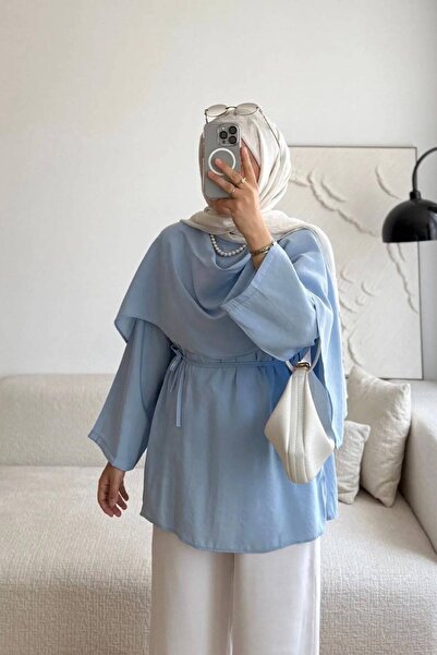 HİFADEN Kadın Şal Yaka Kuşaklı Salaş Drapeli Uzun Kollu Oversize Modern Teset...