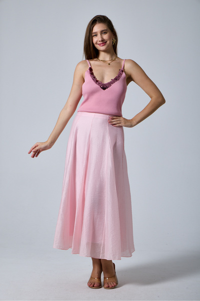 ŞEYDA ERTEM Pink Color Panel Sewed Flared Skirt with Zipper at the Waist