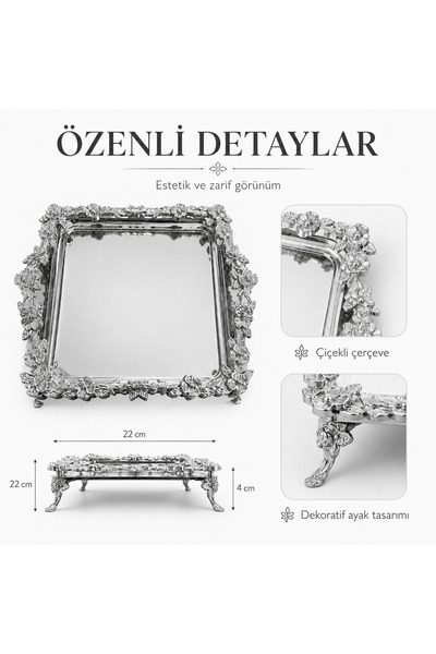 Turkco Premium Flower Detailed Square Presentation Tray with Feet 22X22 cm Co...