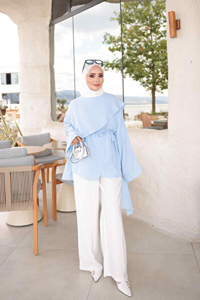 İmajButik Bebe Mavi Bel Bağlamalı Yaka Detaylı Müslin Tunik